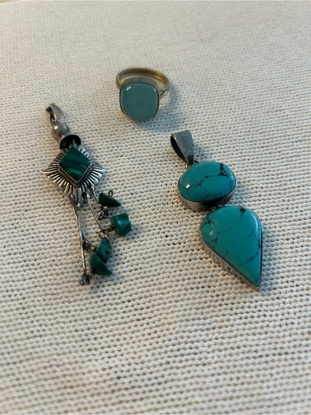 Turquoise Stone Silver Pendant Set - Teardrop & Dangle Styles and blue ring
